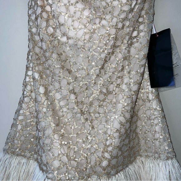 NWT Bebe Gold Cream Sequin Strapless Isis Feather Dress Women’s Medium New Tags - Picture 8 of 11